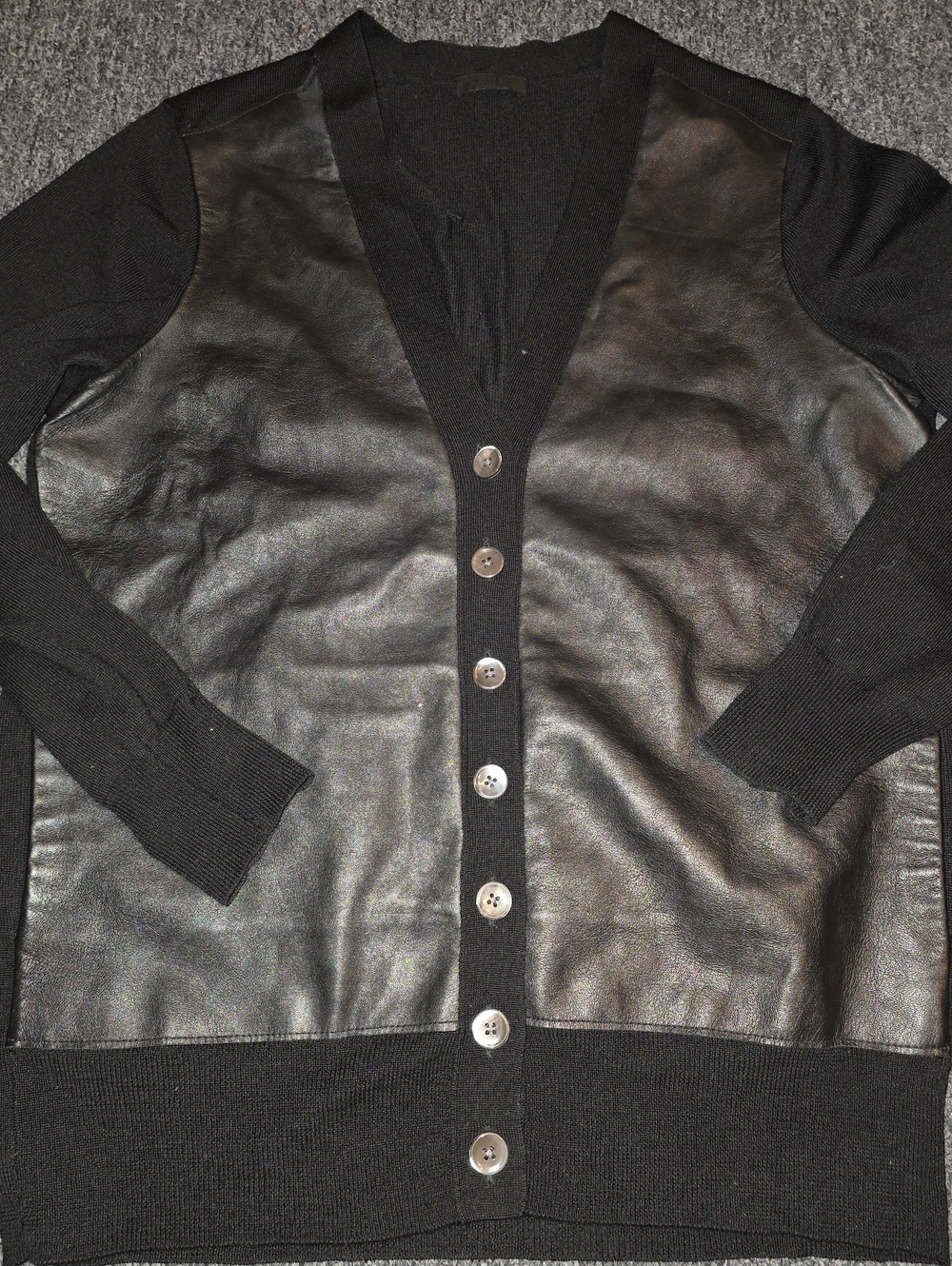 J. Crew Black Merino Wool Cardigan with Leather Trim